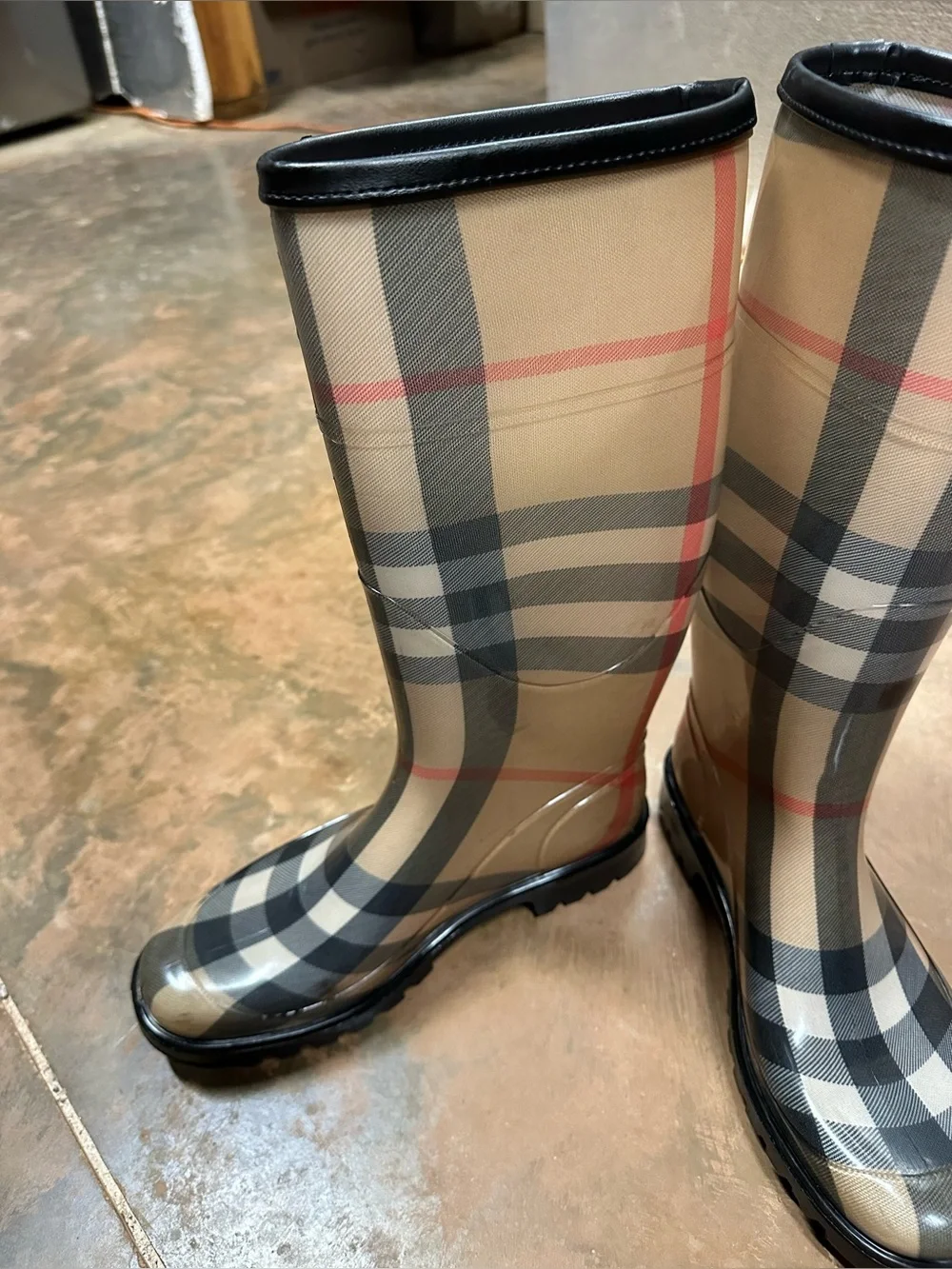 Burberry Nova Check Tall Rubber Rain Boots Plaid Lug Sole Size EU 38